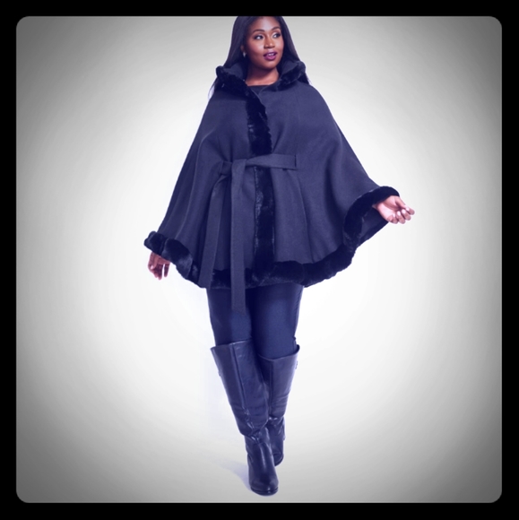 Faux fur trim belted cape - Picture 1 of 3